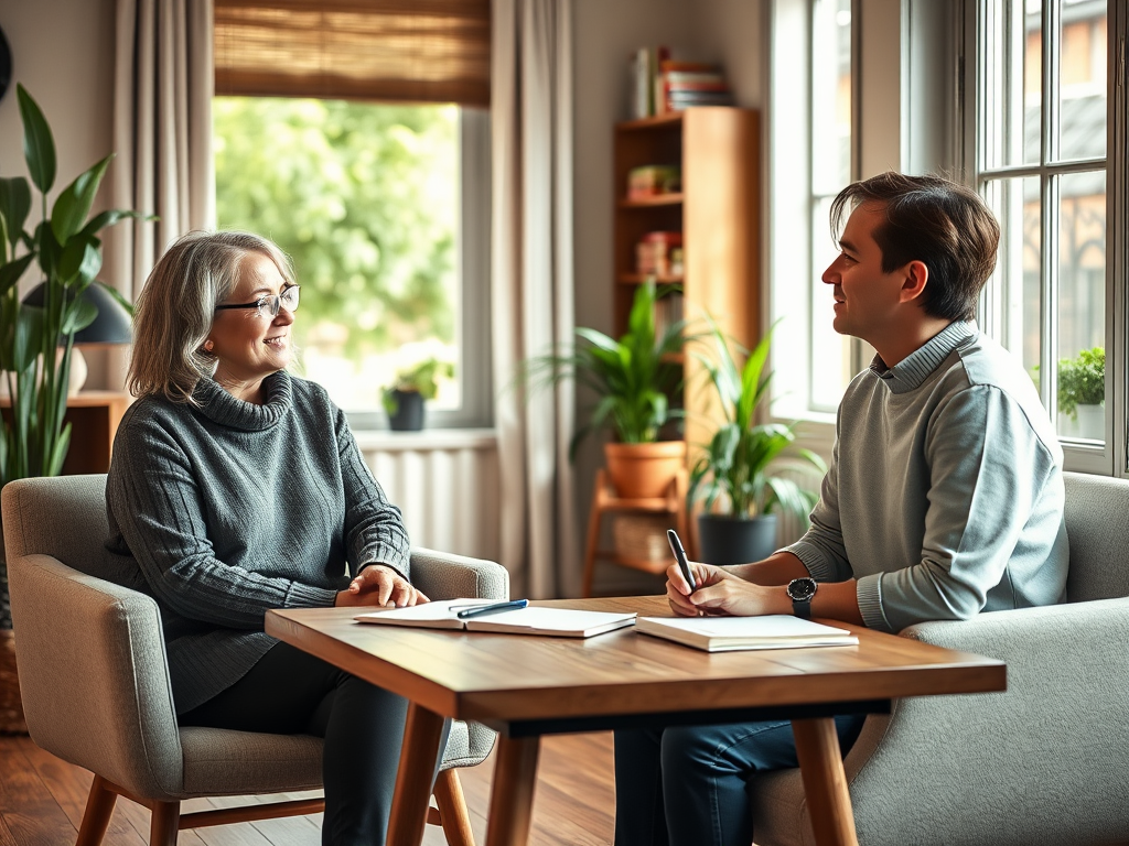 "A warm, inviting coaching session scene" "two people seated comfortably in a cozy room" "soft natural light filtering through a window" "calm expressions, attentive listening" "notebooks and pens on a wooden table" "plants and bookshelves in background"