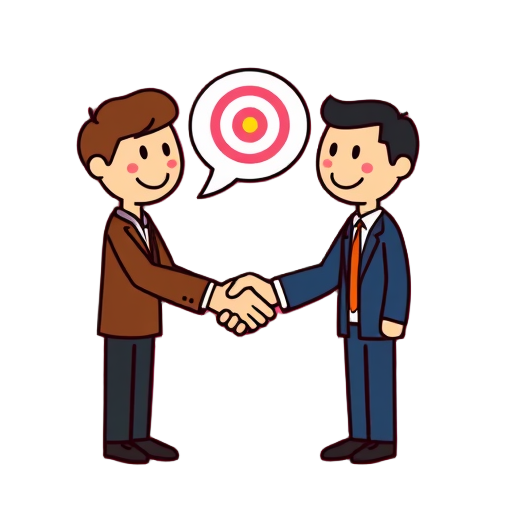 "two people" "handshake" "speech bubble" "target symbol" "light bulb" "gear icon"