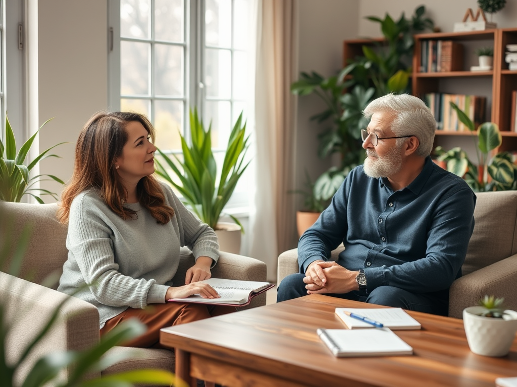 "A warm, inviting coaching session scene" "two people seated comfortably in a cozy room" "soft natural light filtering through a window" "calm expressions, attentive listening" "notebooks and pens on a wooden table" "plants and bookshelves in background"