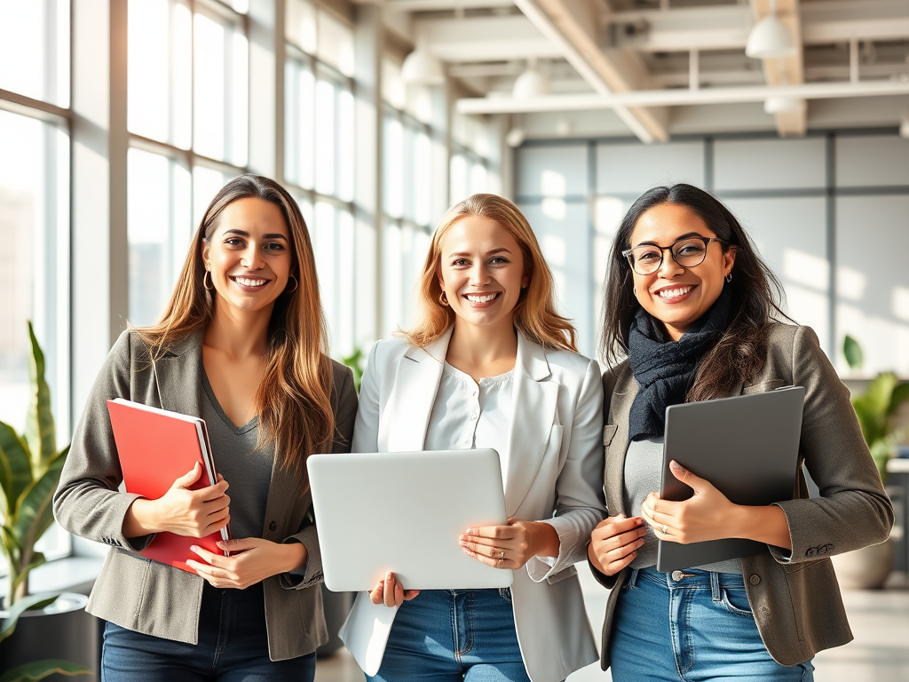 "a diverse group of three professionals" "smiling confidently in a bright modern office" "holding laptops and notebooks" "showing teamwork and support" "sunlight streaming through large windows"