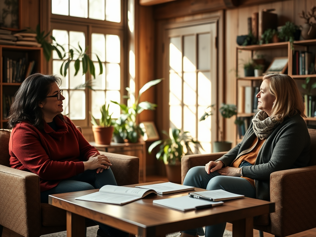 "A warm, inviting coaching session scene" "two people seated comfortably in a cozy room" "soft natural light filtering through a window" "calm expressions, attentive listening" "notebooks and pens on a wooden table" "plants and bookshelves in background"