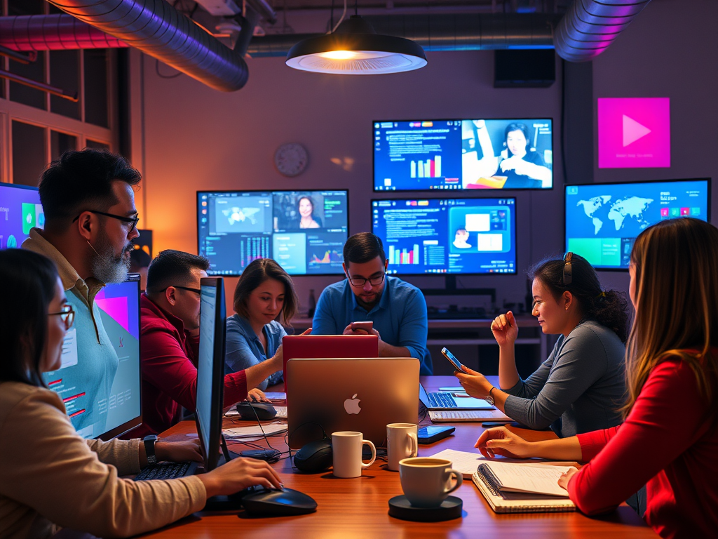 A diverse group of professionals engaged in a dynamic online learning environment, glowing computer and mobile screens, vibrant digital tools, flexible workspace with coffee and notebooks.