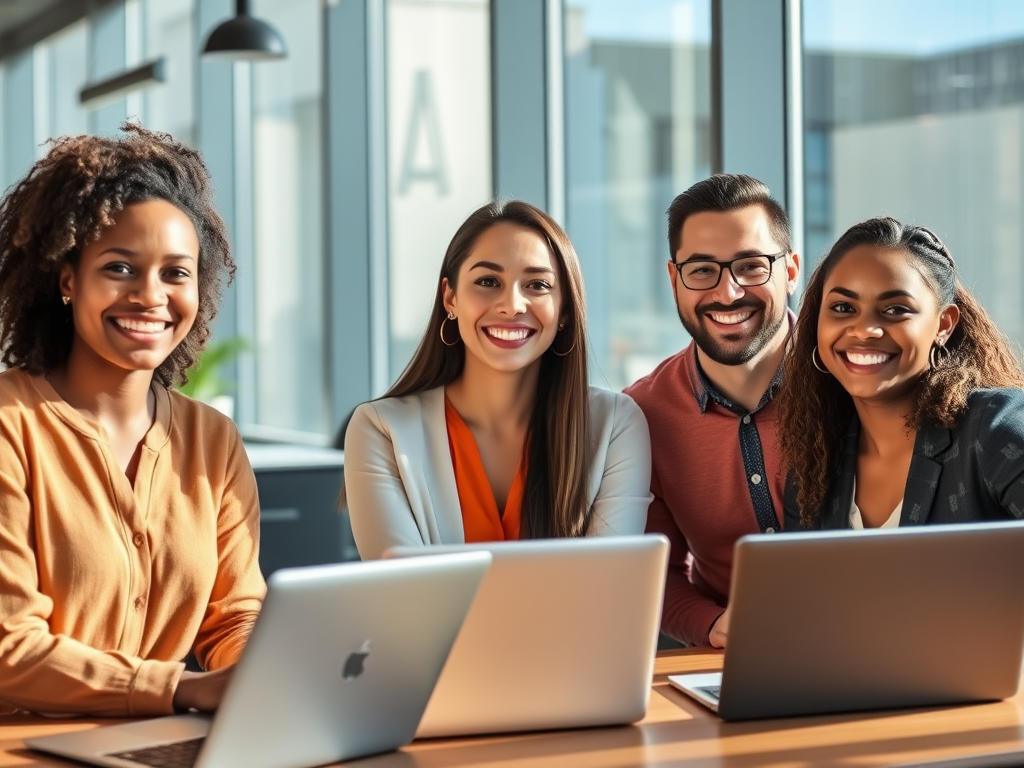 A diverse group of three confident professionals smiling, "modern office background", "laptops and notebooks on desks", "sunlight streaming through large windows", "warm and supportive atmosphere".