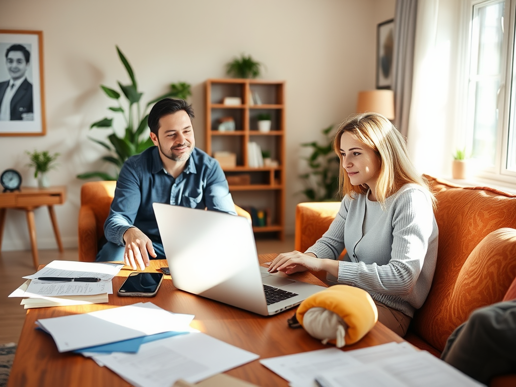 A warm, inviting room with a friendly coach and attentive job seeker, laptop open for video call, papers and notes scattered, bright natural light.