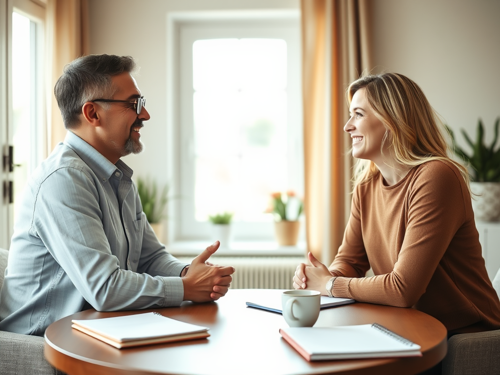 "A warm, inviting coaching session" "Two people sitting across a table in cozy office" "Soft natural light filtering through window" "Calm, supportive atmosphere with notebooks and coffee" "Expressions of encouragement and confidence"