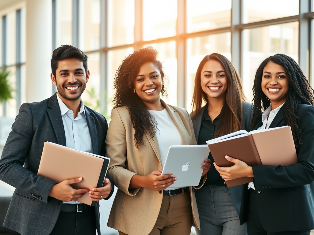 "a diverse group of three professionals" "smiling confidently in a bright modern office" "holding laptops and notebooks" "showing teamwork and support" "sunlight streaming through large windows"