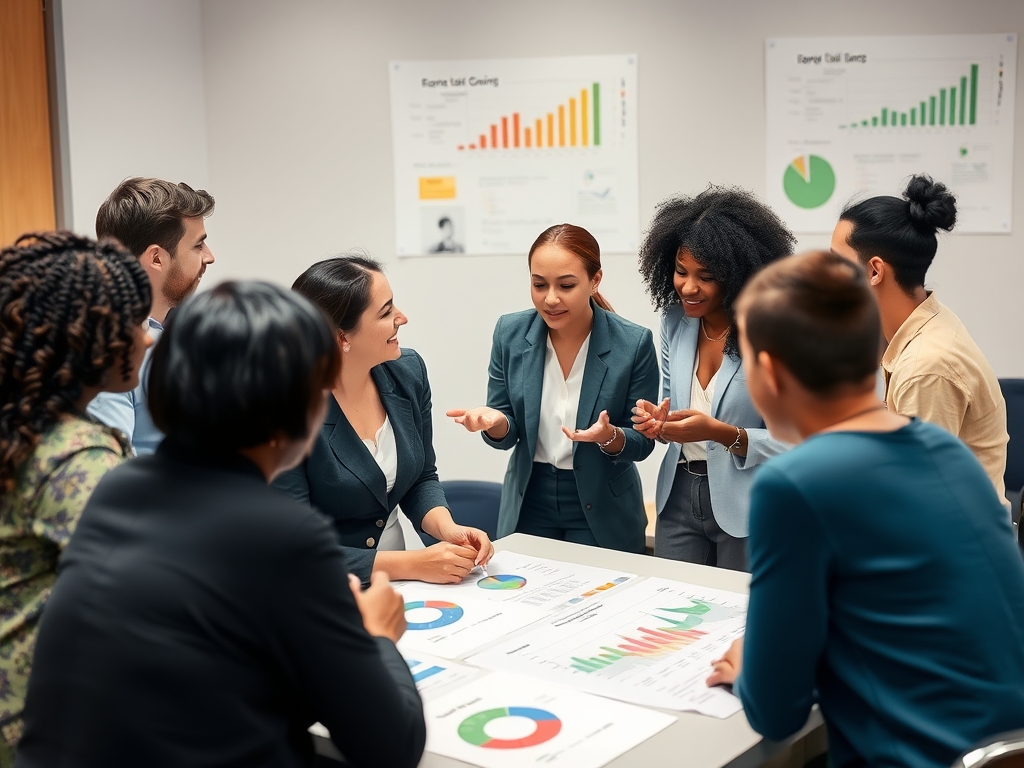 A diverse group of people "engaged in a workshop," "sharing ideas," with "colorful charts and job-related icons" around, symbolizing growth and career exploration.