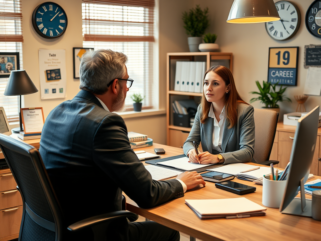 "a warm, inviting office setting" with "a professional coach attentively listening" to "a focused job seeker" across a desk, surrounded by "career-related tools" and "motivational decor."