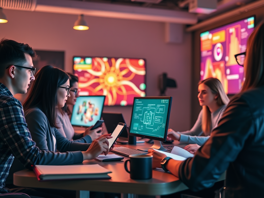 A diverse group of professionals engaged in a dynamic online learning environment, glowing computer and mobile screens, vibrant digital tools, flexible workspace with coffee and notebooks.