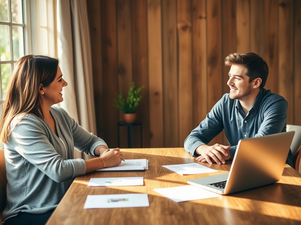 A warm, inviting coaching session with a friendly expert and a motivated individual, sitting at a wooden table, papers and laptop nearby, soft natural light.