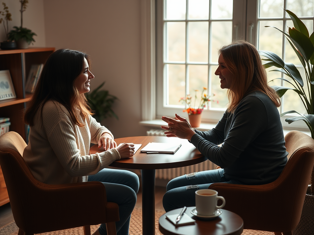 "A warm, inviting coaching session" "Two people sitting across a table in cozy office" "Soft natural light filtering through window" "Calm, supportive atmosphere with notebooks and coffee" "Expressions of encouragement and confidence"