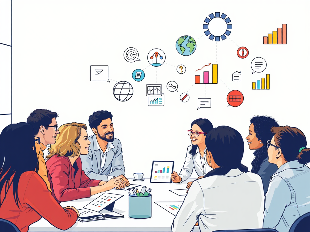 A diverse group of people "engaged in a workshop," "sharing ideas," with "colorful charts and job-related icons" around, symbolizing growth and career exploration.