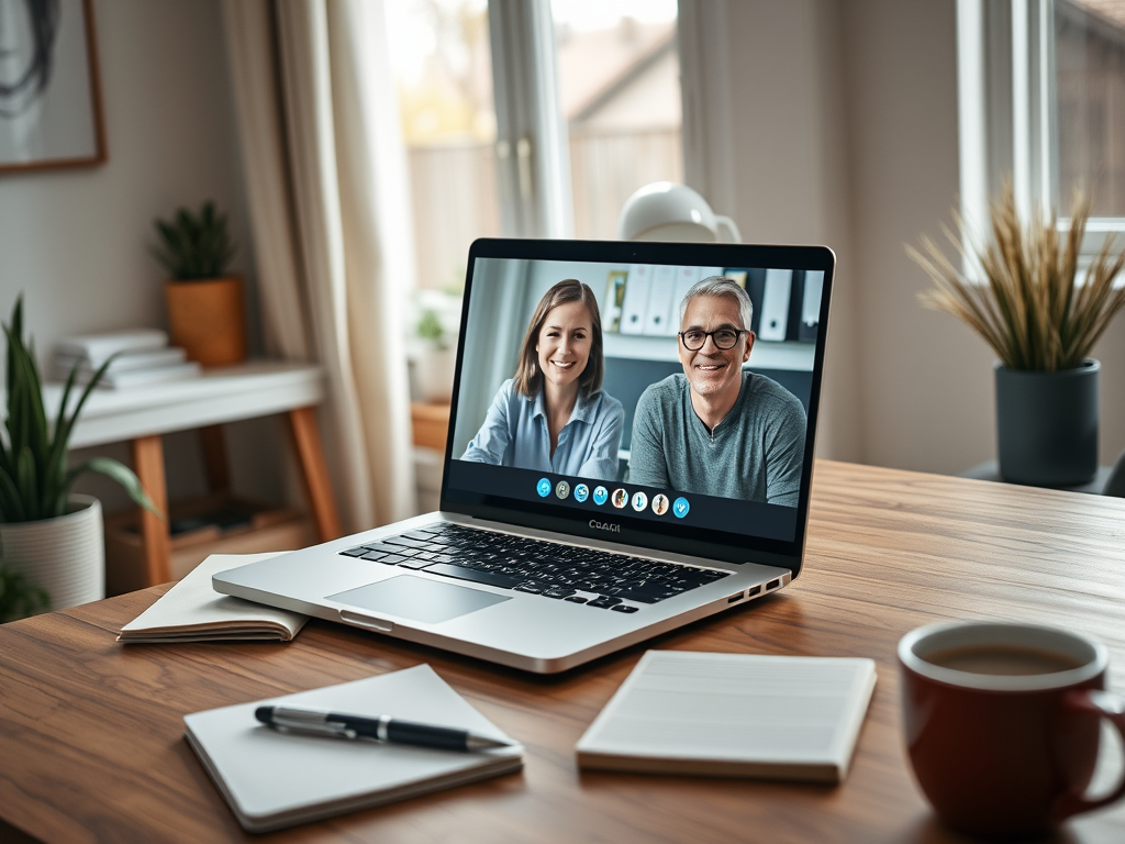 "A warm, friendly home office setting" "a laptop screen showing a video call with a smiling coach and attentive client" "calm, motivational atmosphere" "natural light through window" "notebook and pen on desk" "coffee cup nearby" "modern, cozy decor"