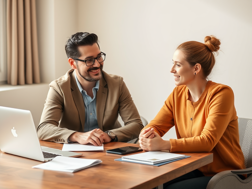 A warm, inviting coaching session with a friendly expert and a motivated individual, sitting at a wooden table, papers and laptop nearby, soft natural light.