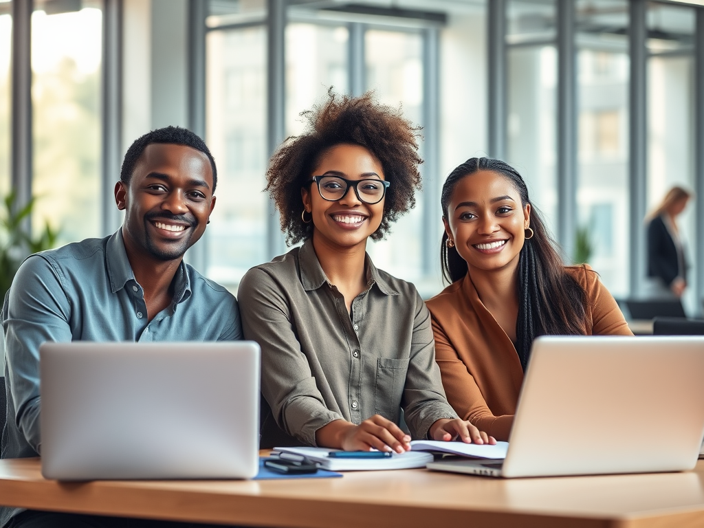 A diverse group of three confident professionals smiling, "modern office background", "laptops and notebooks on desks", "sunlight streaming through large windows", "warm and supportive atmosphere".