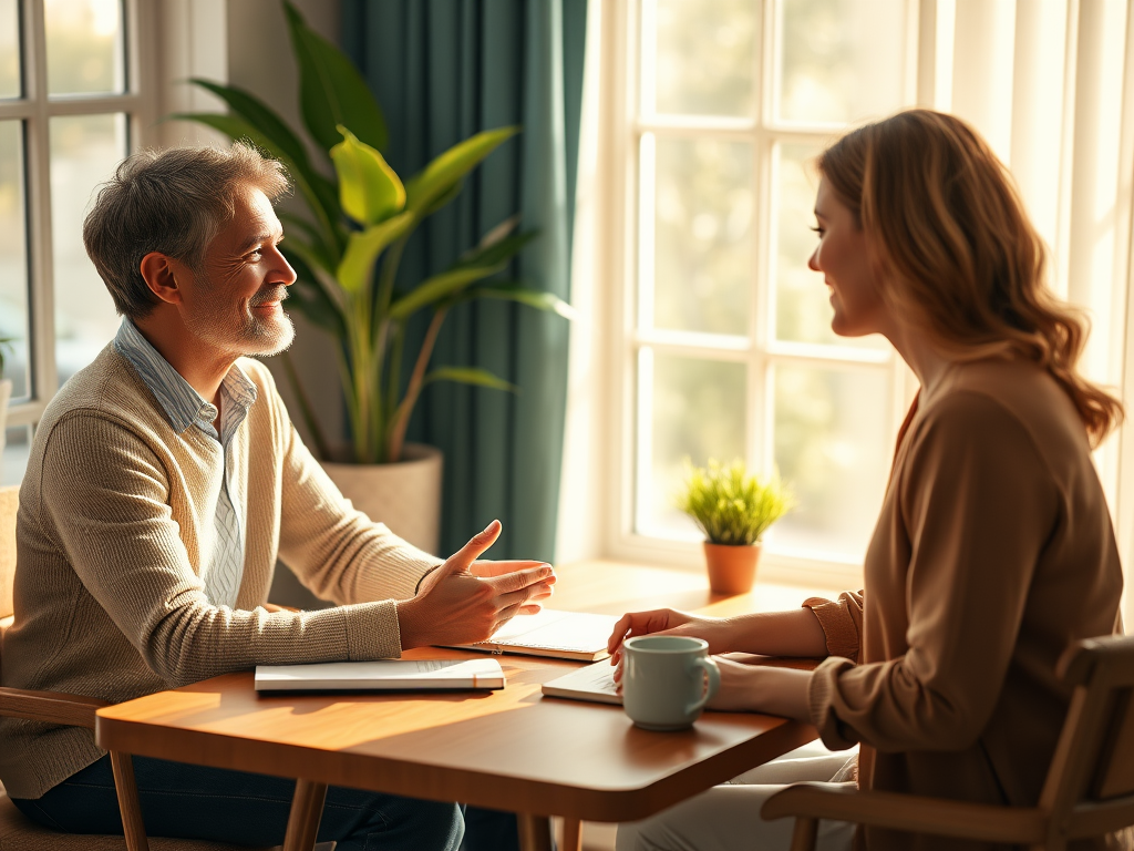 "A warm, inviting coaching session" "Two people sitting across a table in cozy office" "Soft natural light filtering through window" "Calm, supportive atmosphere with notebooks and coffee" "Expressions of encouragement and confidence"