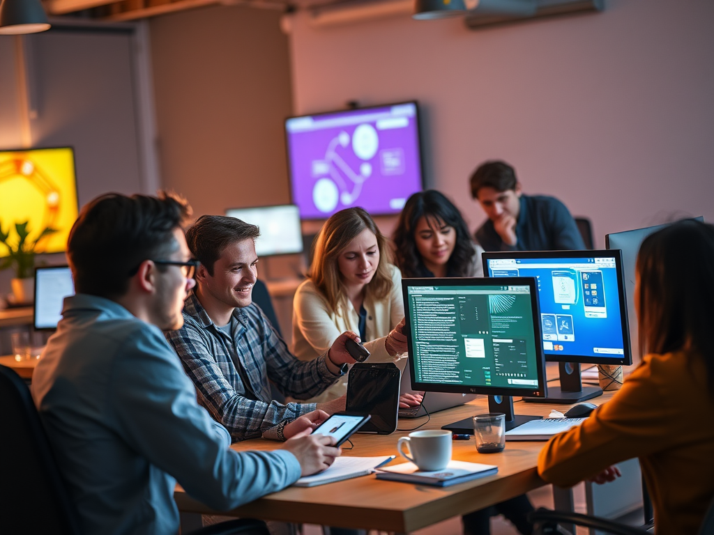 A diverse group of professionals engaged in a dynamic online learning environment, glowing computer and mobile screens, vibrant digital tools, flexible workspace with coffee and notebooks.