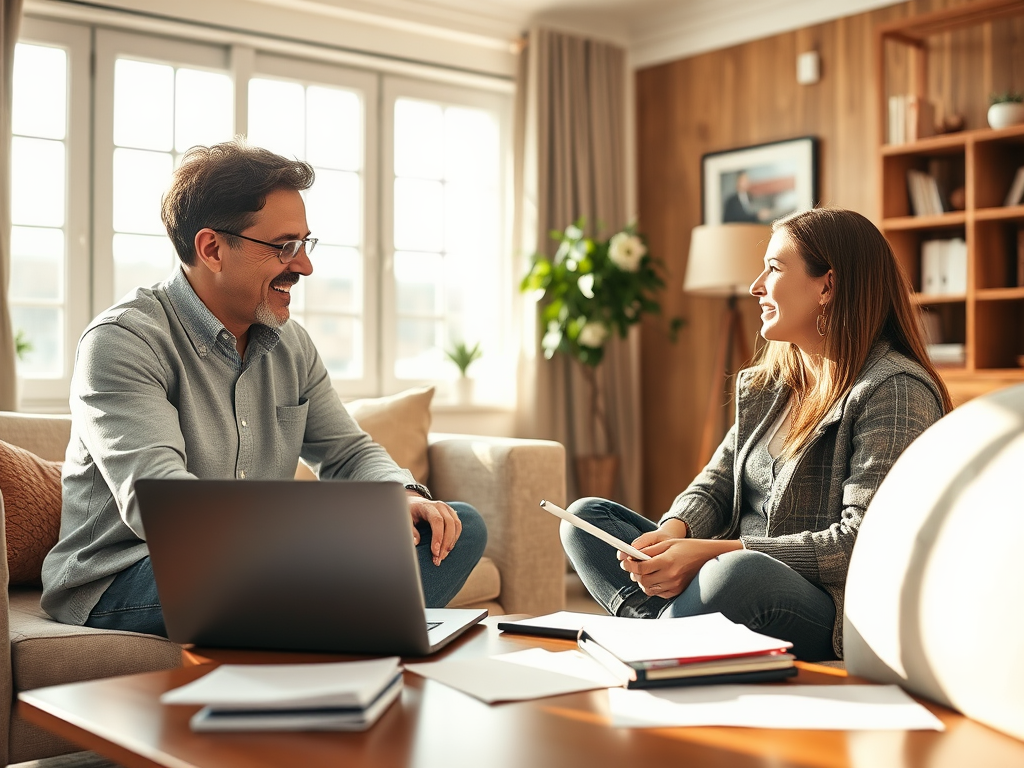 A warm, inviting room with a friendly coach and attentive job seeker, laptop open for video call, papers and notes scattered, bright natural light.