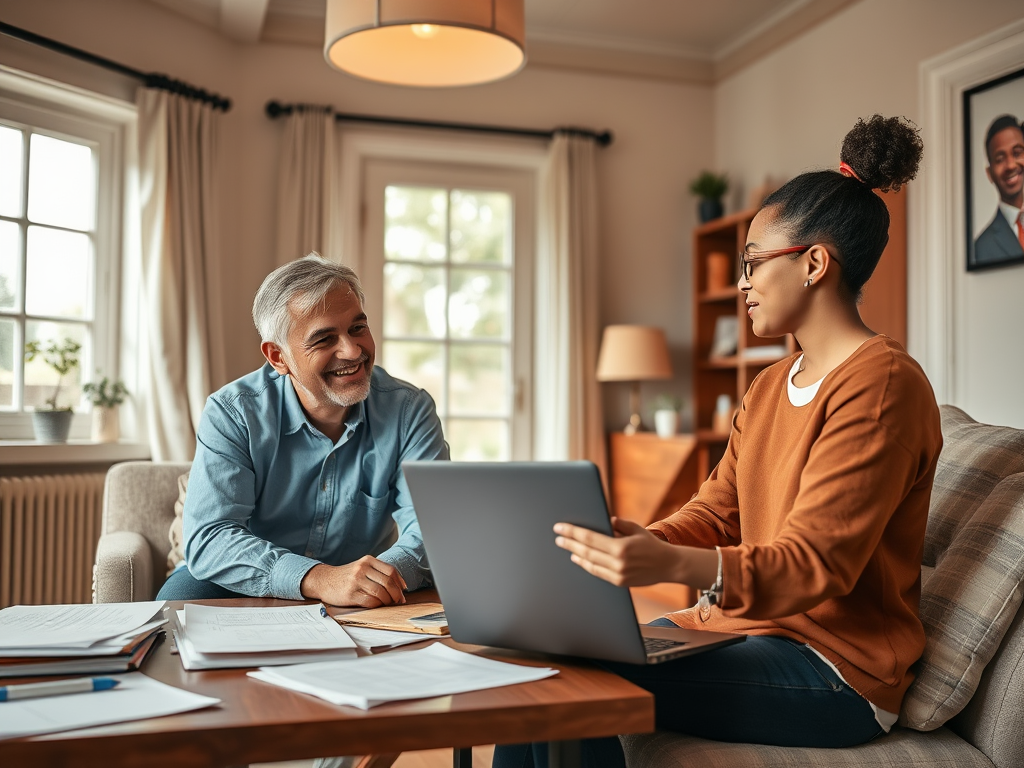 A warm, inviting room with a friendly coach and attentive job seeker, laptop open for video call, papers and notes scattered, bright natural light.