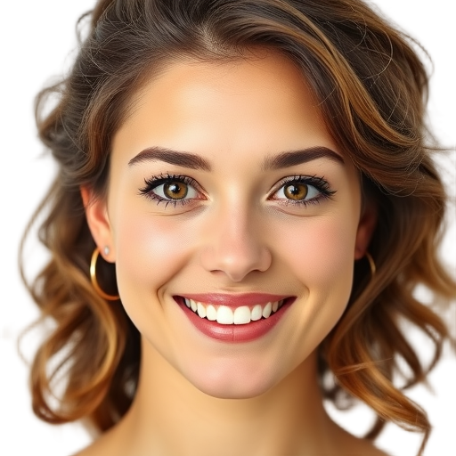 A smiling woman with gentle eyes and natural makeup, white background, warm lighting, soft curls framing the face, calm and confident expression.