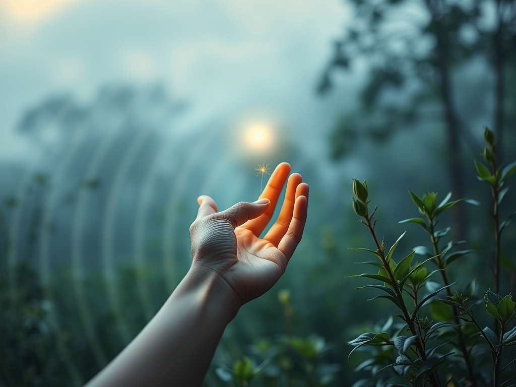 A serene natural setting with a person holding a delicate biotensor, surrounded by soft glowing energy waves, subtle wifi signals fading, and vibrant healthy plants.