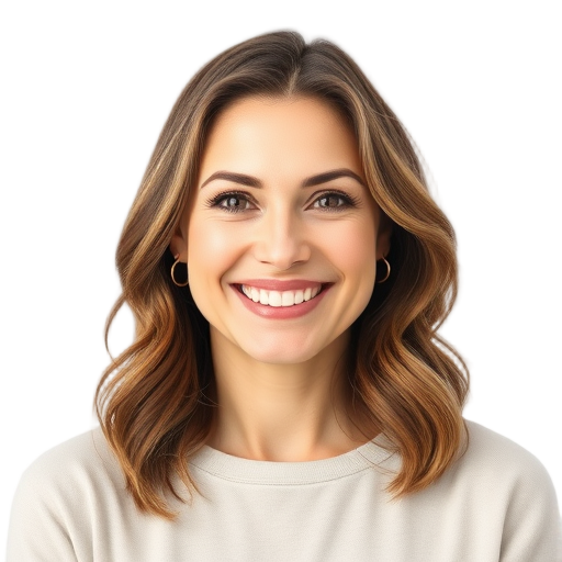 A happy mother smiling to the camera with a white background looking like
