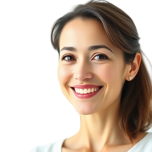 A smiling mother with gentle expression, soft natural light, white background, "calm eyes," "relaxed posture," "friendly warmth."