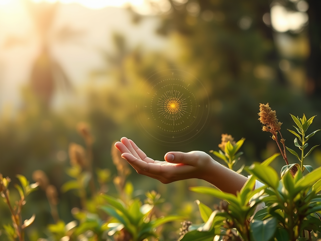 A serene natural setting with a person holding a delicate biotensor, surrounded by soft glowing energy waves, subtle wifi signals fading, and vibrant healthy plants.