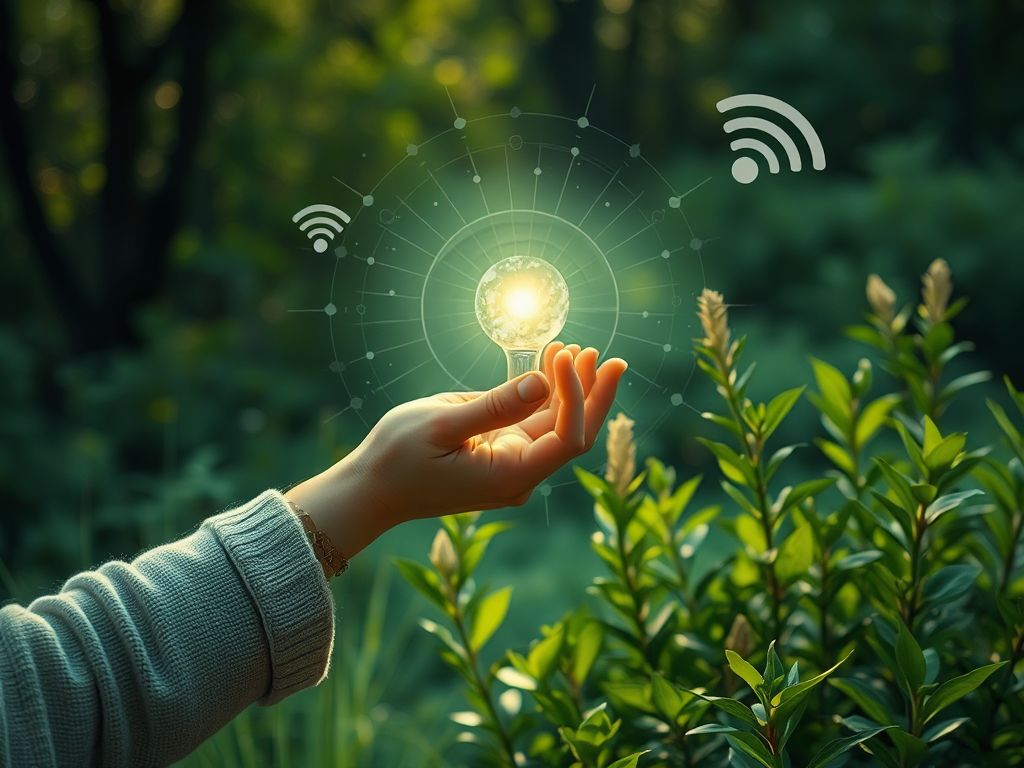 A serene natural setting with a person holding a delicate biotensor, surrounded by soft glowing energy waves, subtle wifi signals fading, and vibrant healthy plants.