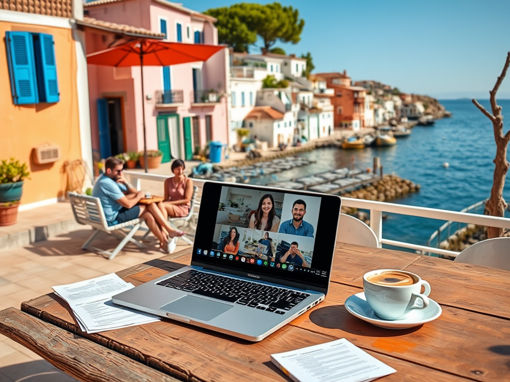 "sunny Spanish coastal village" "entrepreneurs working on laptops outdoors" "friendly group video call on a laptop screen" "documents and coffee on rustic wooden table" "bright Mediterranean colors"