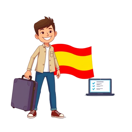 "smiling person" "holding suitcase" "Spanish flag" "step-by-step arrows" "supportive people" "laptop with checklist"