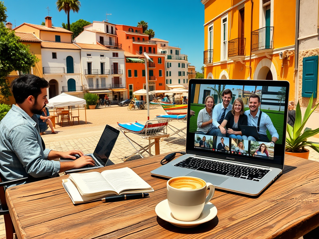 "sunny Spanish coastal village" "entrepreneurs working on laptops outdoors" "friendly group video call on a laptop screen" "documents and coffee on rustic wooden table" "bright Mediterranean colors"