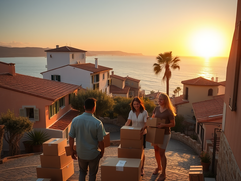 "A serene Spanish coastal village" "sunset casting warm golden light" "a happy couple unpacking boxes" "Mediterranean-style houses with terracotta roofs" "olive trees and cobblestone streets" "calm sea in the background" "gentle breeze moving curtains in 