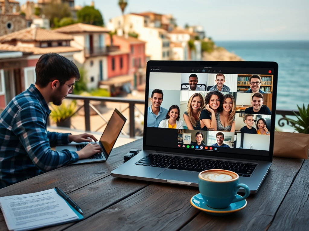 "sunny Spanish coastal village" "entrepreneurs working on laptops outdoors" "friendly group video call on a laptop screen" "documents and coffee on rustic wooden table" "bright Mediterranean colors"