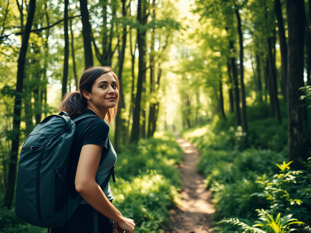 A serene woman hiking alone on a lush green trail, sunlight filtering through tall trees, peaceful expression, embracing nature's calm energy.