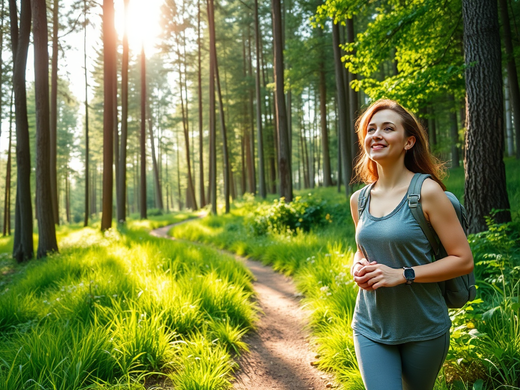 A serene woman hiking alone on a lush green trail, sunlight filtering through tall trees, peaceful expression, embracing nature's calm energy.