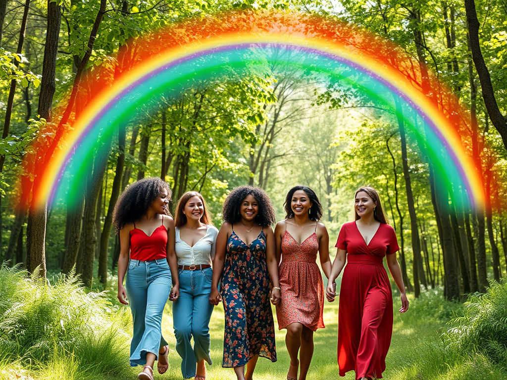 A vibrant rainbow arching over a joyful diverse group of women walking hand-in-hand through a lush green forest, sunlight filtering gently through leaves.