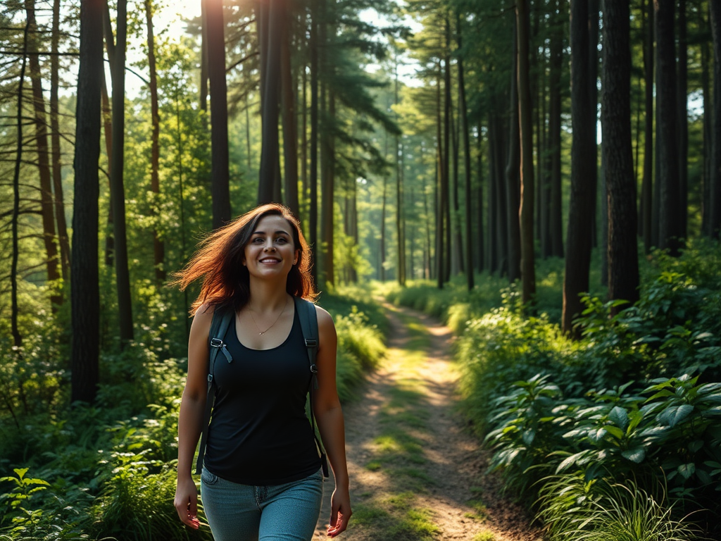 A serene woman hiking alone on a lush green trail, sunlight filtering through tall trees, peaceful expression, embracing nature's calm energy.