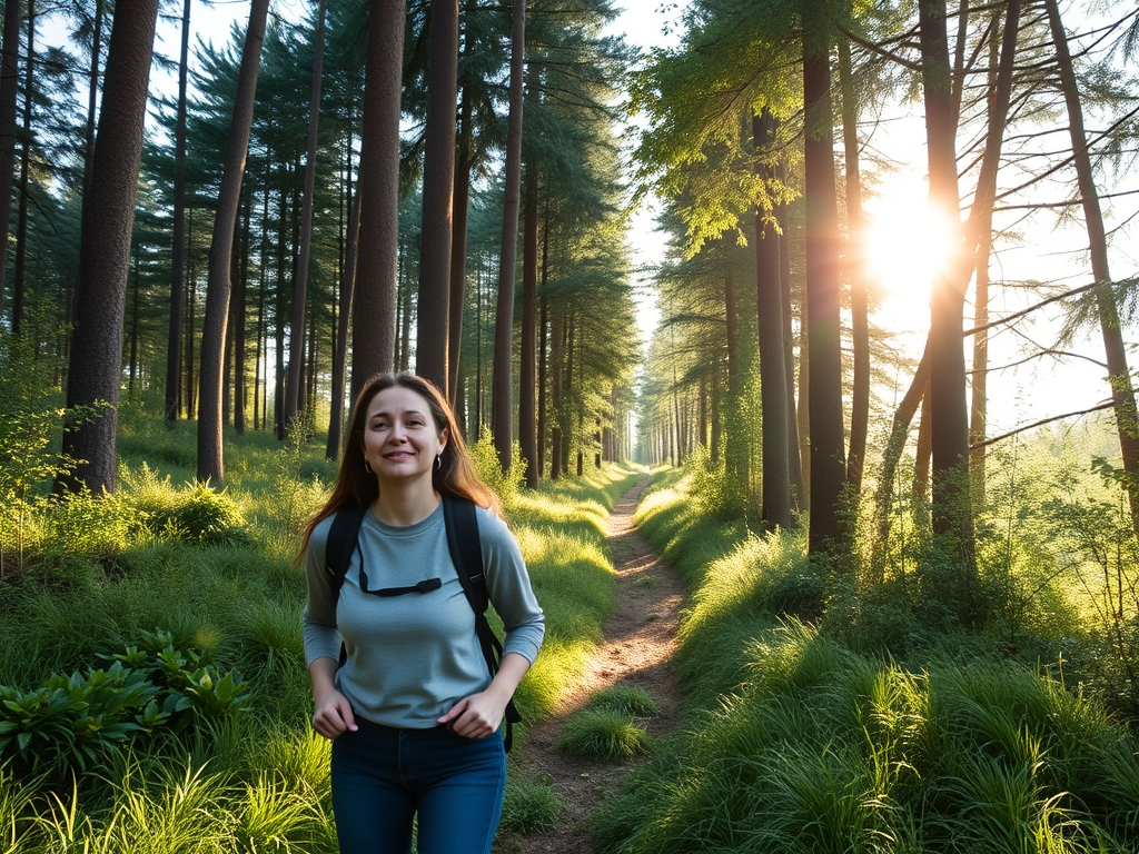 A serene woman hiking alone on a lush green trail, sunlight filtering through tall trees, peaceful expression, embracing nature's calm energy.