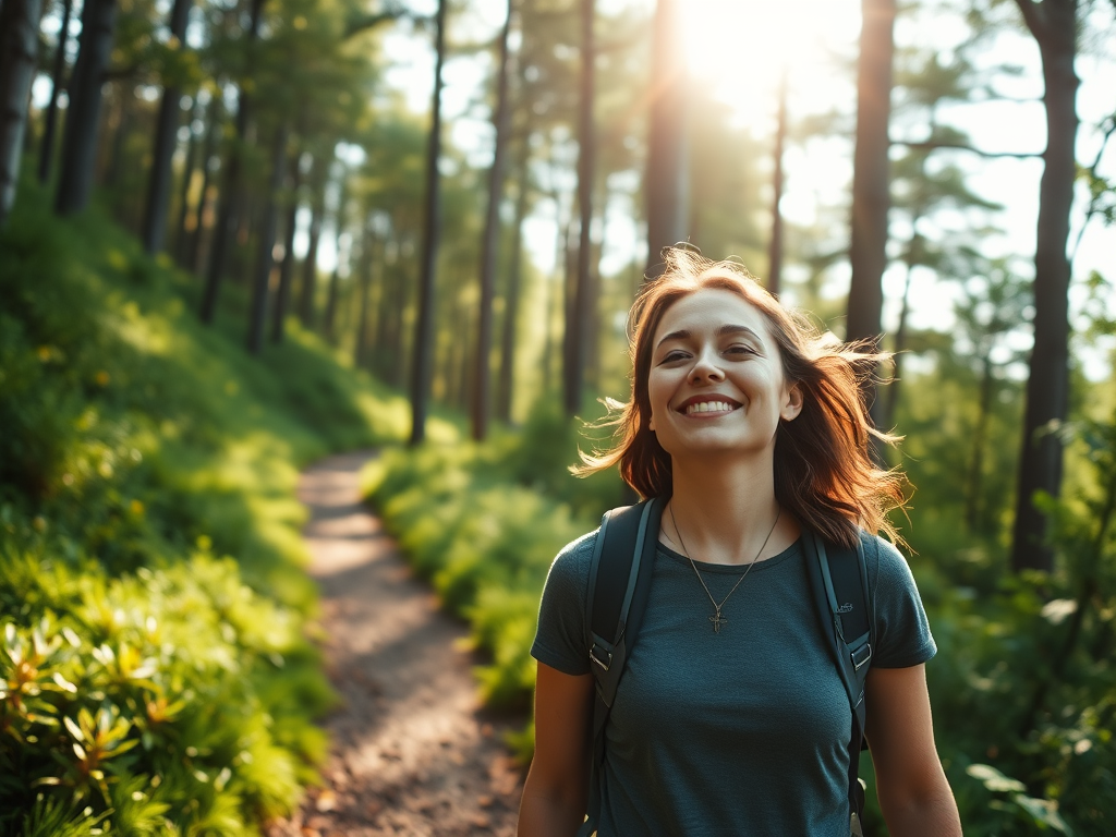 A serene woman hiking alone on a lush green trail, sunlight filtering through tall trees, peaceful expression, embracing nature's calm energy.