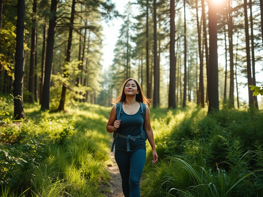A serene woman hiking alone on a lush green trail, sunlight filtering through tall trees, peaceful expression, embracing nature's calm energy.