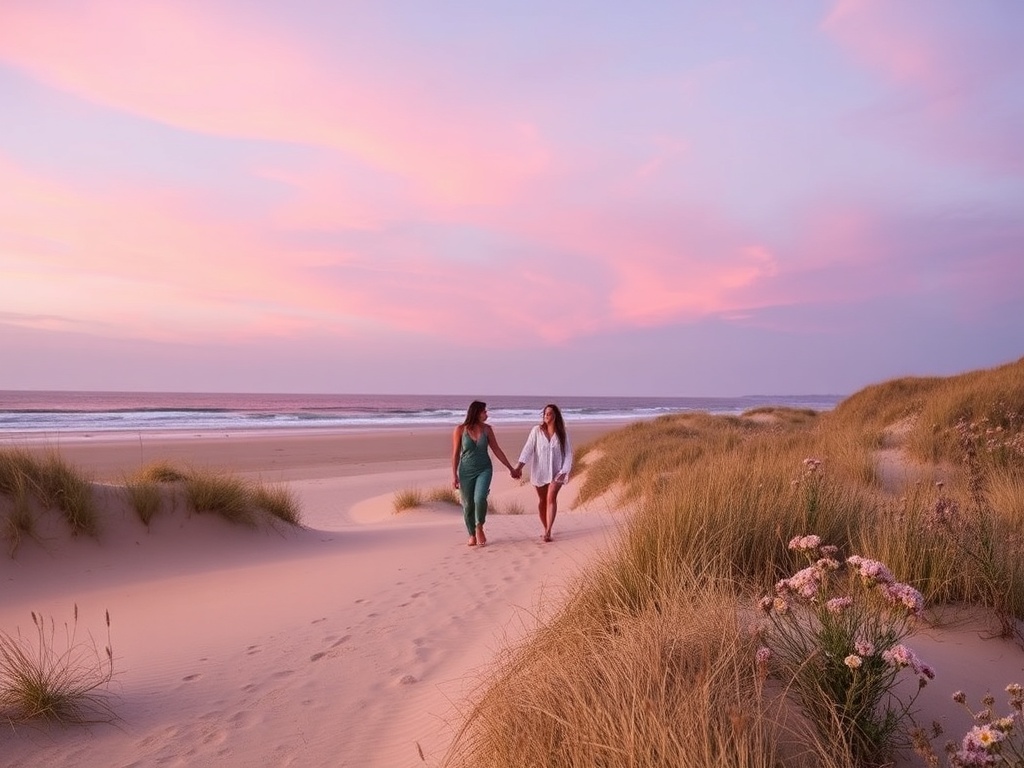 "Sunset beach on Texel" "soft pink and purple sky" "couple walking hand-in-hand" "wind-swept dunes" "blooming wildflowers"