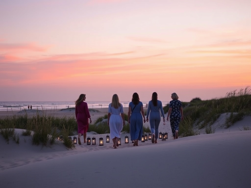 "Women walking on Texel beach at sunset" "soft pink and purple sky" "cozy group circle around lanterns" "dunes and sea grass" "gentle, serene atmosphere"