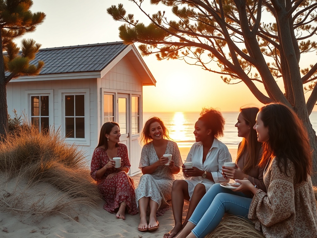"Cozy beachfront dune house" "autumn forest path" "group of diverse lesbian women laughing, relaxed, holding coffee" "soft golden sunset light" "calm sea in background" "warm, welcoming atmosphere"