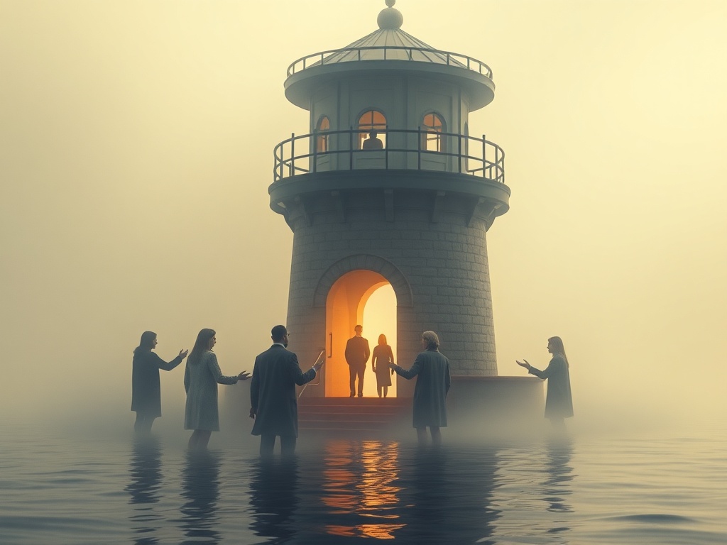 "A serene, guiding lighthouse-shaped loom of human figures guiding a university team through misty liminal waters, subtle hands offering direction, warm tones, intimate scale, soft light."