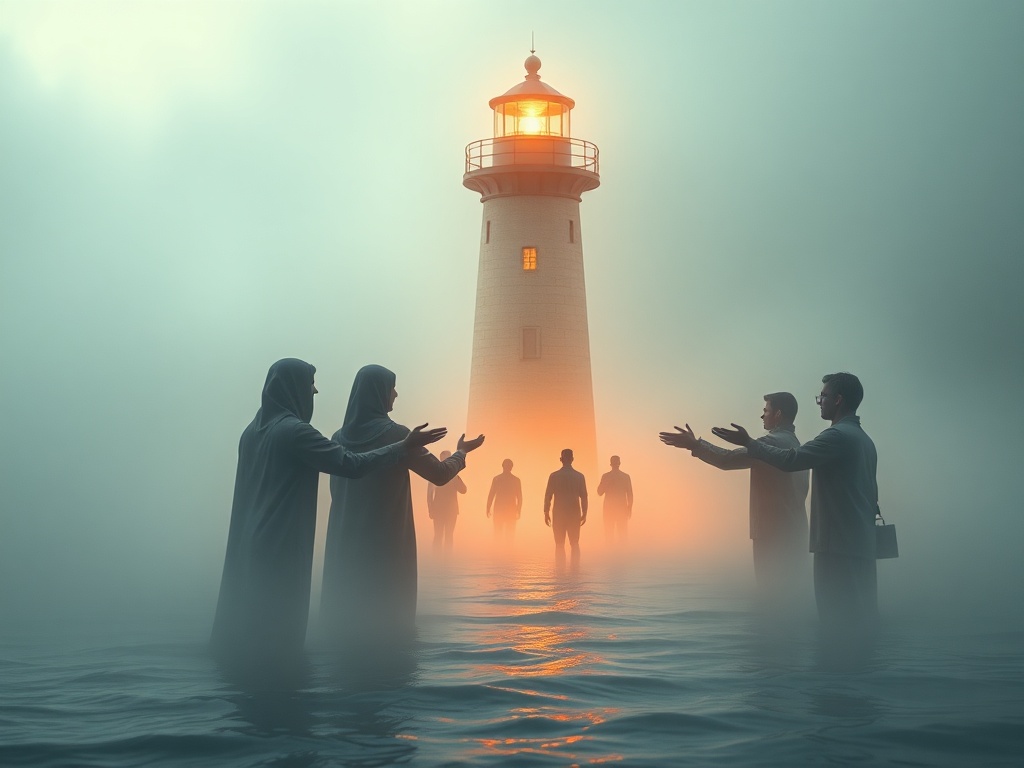"A serene, guiding lighthouse-shaped loom of human figures guiding a university team through misty liminal waters, subtle hands offering direction, warm tones, intimate scale, soft light."