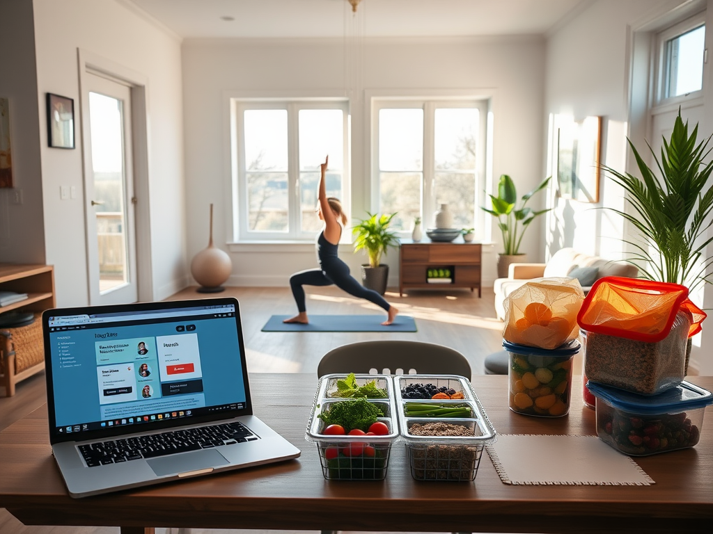 A serene home gym with "a person exercising on a yoga mat," "a laptop showing a fitness app," "healthy meal prep containers on a table," and "natural sunlight streaming through windows."