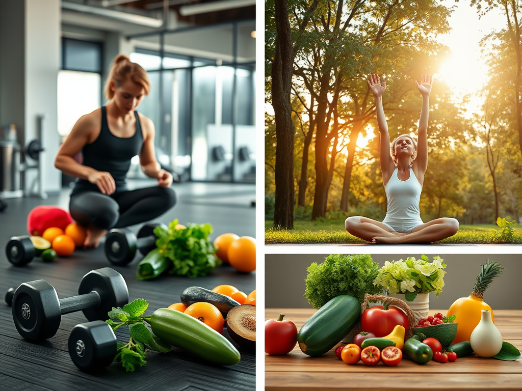 "A fitness enthusiast preparing a healthy meal" "Weights and dumbbells on a gym floor" "A focused person meditating outdoors at sunrise" "Bright, fresh vegetables and fruits arranged artistically" "Calm, motivational atmosphere with natural light filterin