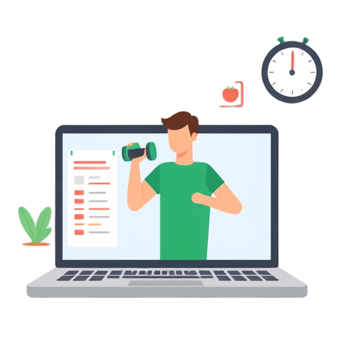 "Laptop screen" "Person exercising" "Dumbbell" "Calendar clock" "Healthy food" "Checkmark list" "Home gym"