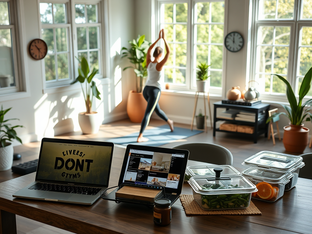 A serene home gym with "a person exercising on a yoga mat," "a laptop showing a fitness app," "healthy meal prep containers on a table," and "natural sunlight streaming through windows."